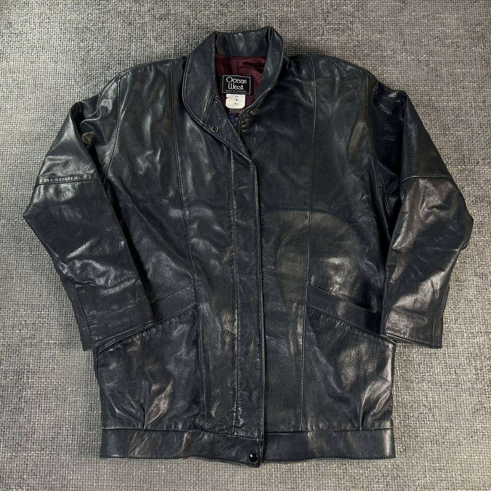 Ocean West Leather Jacket Mens Medium Black Vintage 90s Boxy Made in Canada